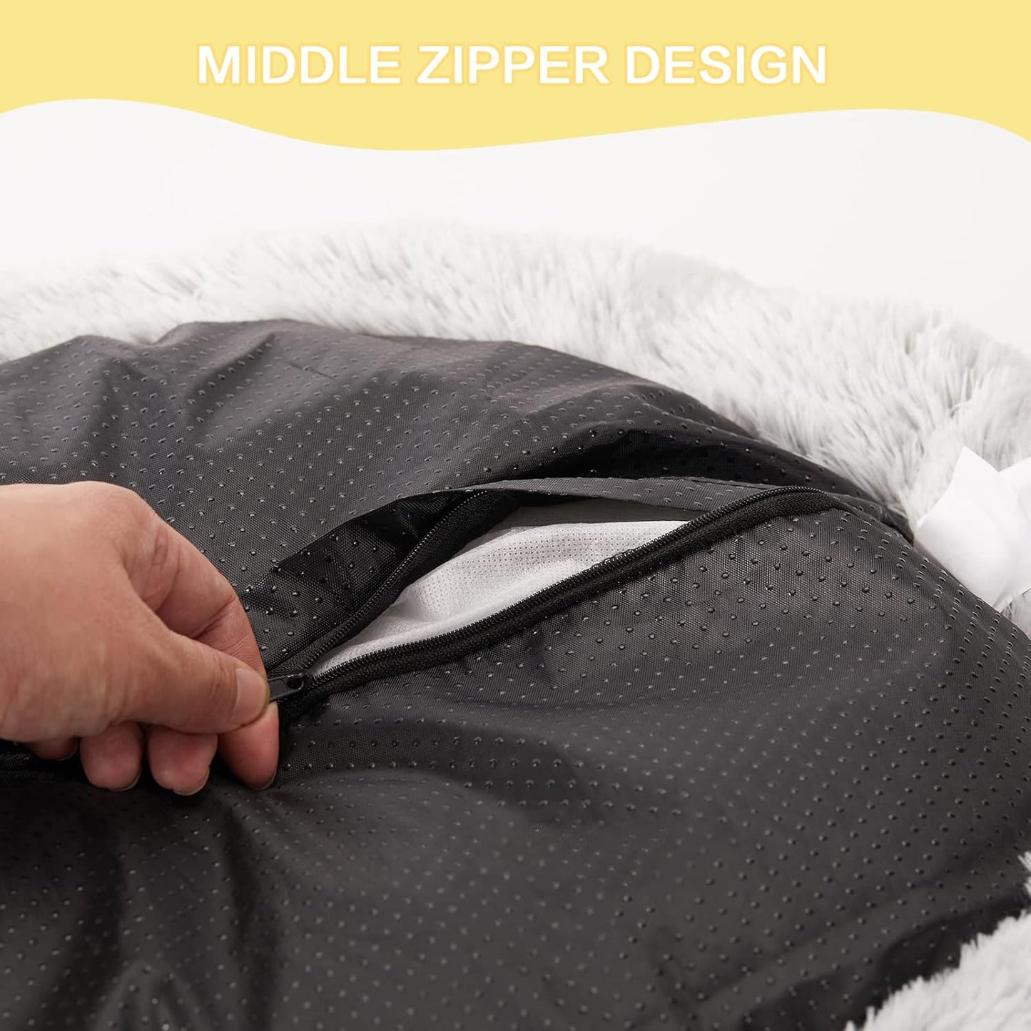 Bedfolks Calming Donut Dog Bed, 23 Inches Round Fluffy Dog Beds for Small Dogs, Machine Washable Anti-Anxiety Plush Puppy Bed（Light Grey, Small）