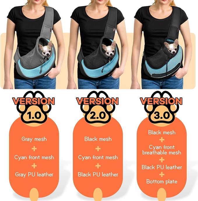 YUDODO Pet Sling Carrier for Small Dogs & Cats – Hands-Free Puppy Carrier with Safety Hook, Large Zipper Pocket, Soft Breathable Mesh, Adjustable Strap & Reflective Strip (Cyan 3.0 M)