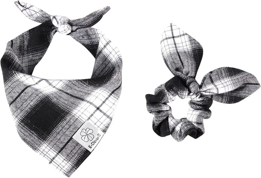 E-Clover Plaid Dog Scarf & Matching Scrunchie Set - Triangle Pet Bandana Bibs for Small Dog Puppy Owner Birthday Gifts - Black & White