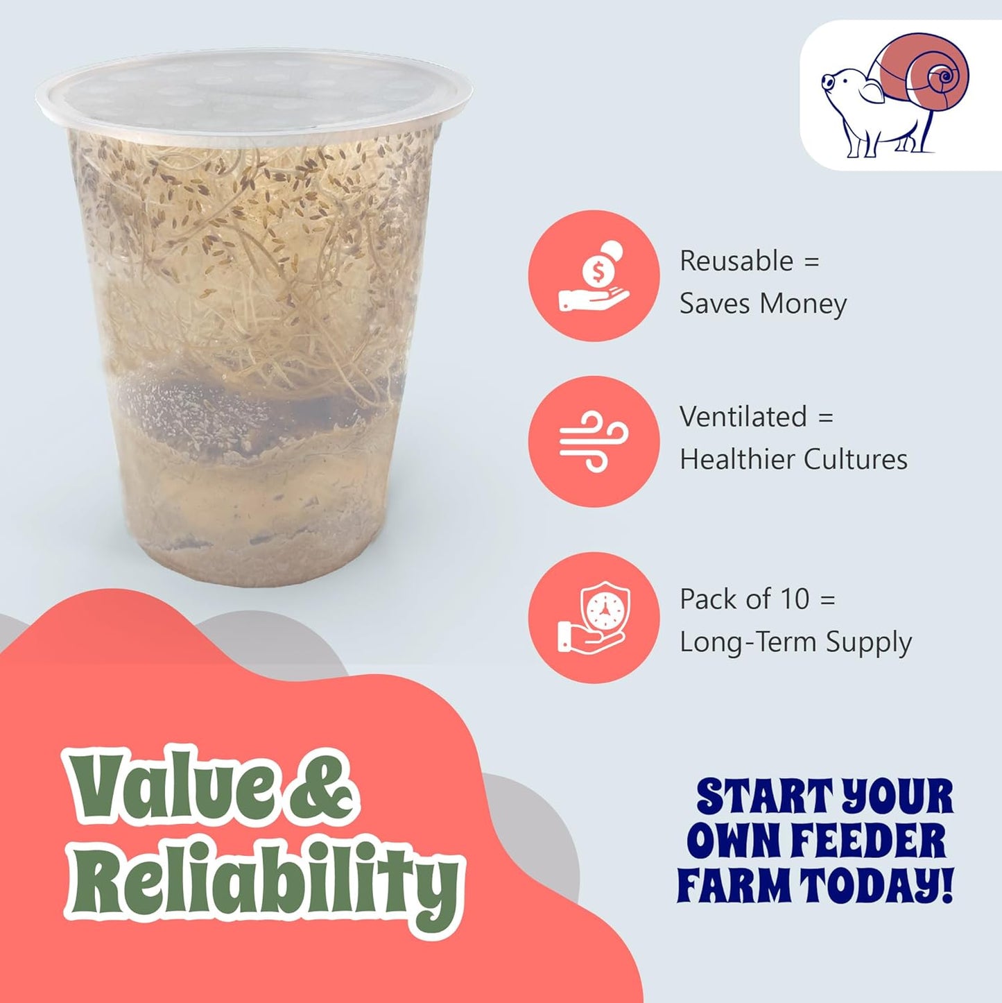 Snout and Shell Deli Cups with Fabric Vented Lids, 10 Pack - Secure Fruit Fly & Insect Cultures, Prevent Escapes & Contaminants, Easy Fruit Fly Media Preparation, Hot Liquid Safe