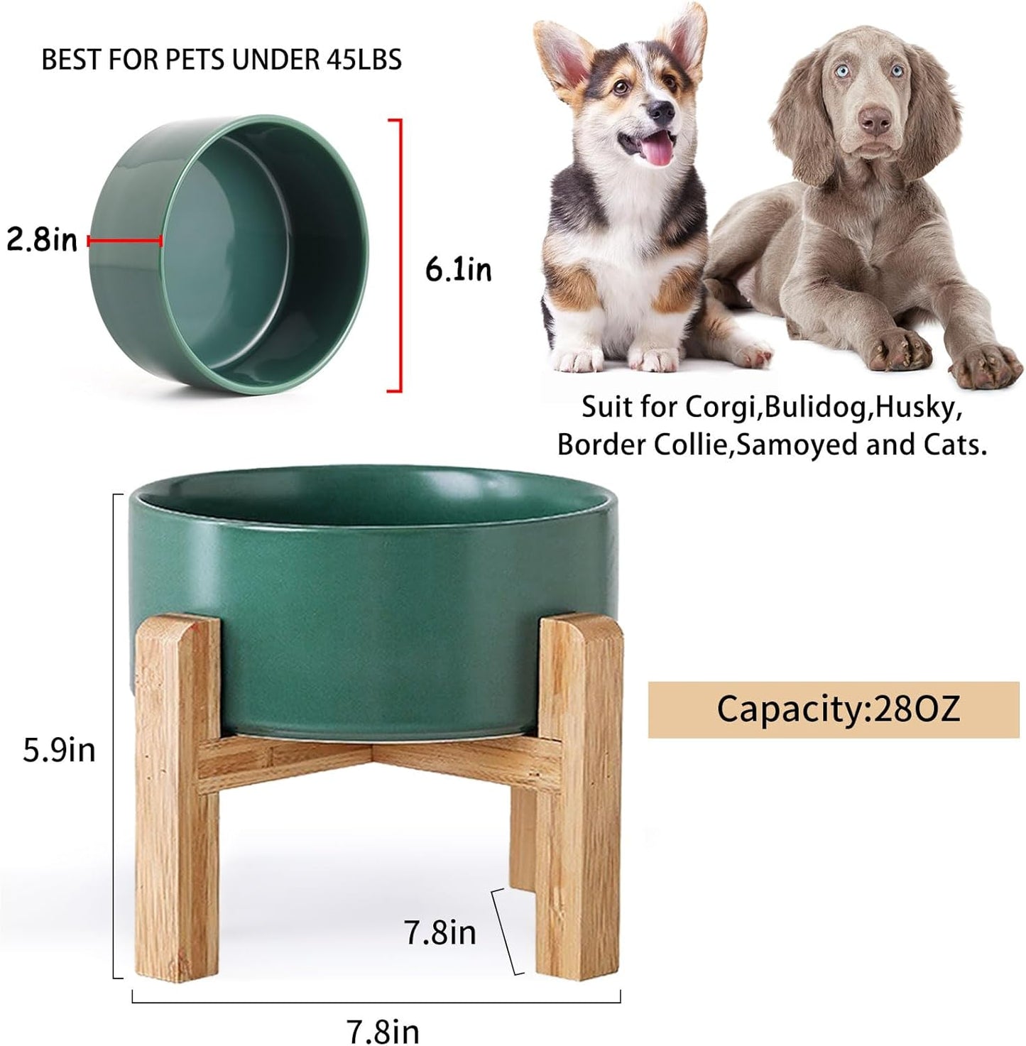 Petygooing 28 OZ Green Elevated/Raised Ceramic Dog Bowl for Small and Medium Breeds, Dog Food Water Dish with Stand,Pet Feeding Bowl with Anti Slip Rubber for Cats Small and Medium Dogs (3.6 Cups)