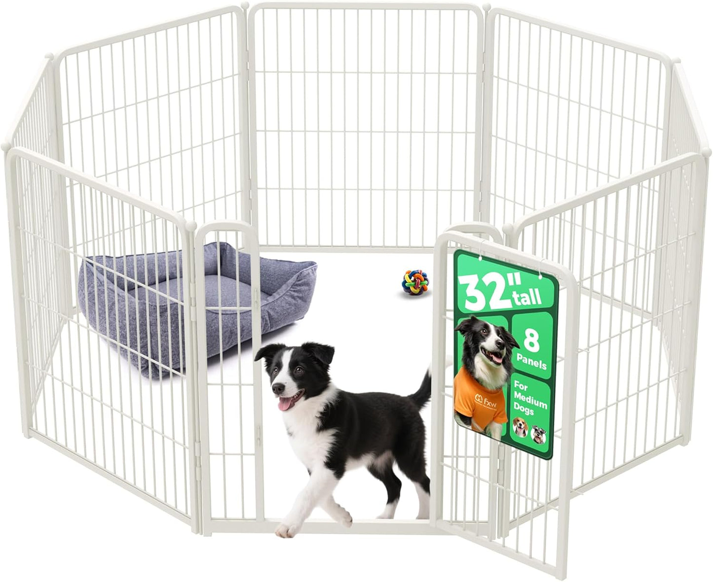 FXW Homeplus Unleashed Indoor Dog Playpen - Stress-Free and Safe Play, Heavy Duty 32 Inch 8 Wire Panels Dog Pen for Small and Medium Dogs, White│Patented