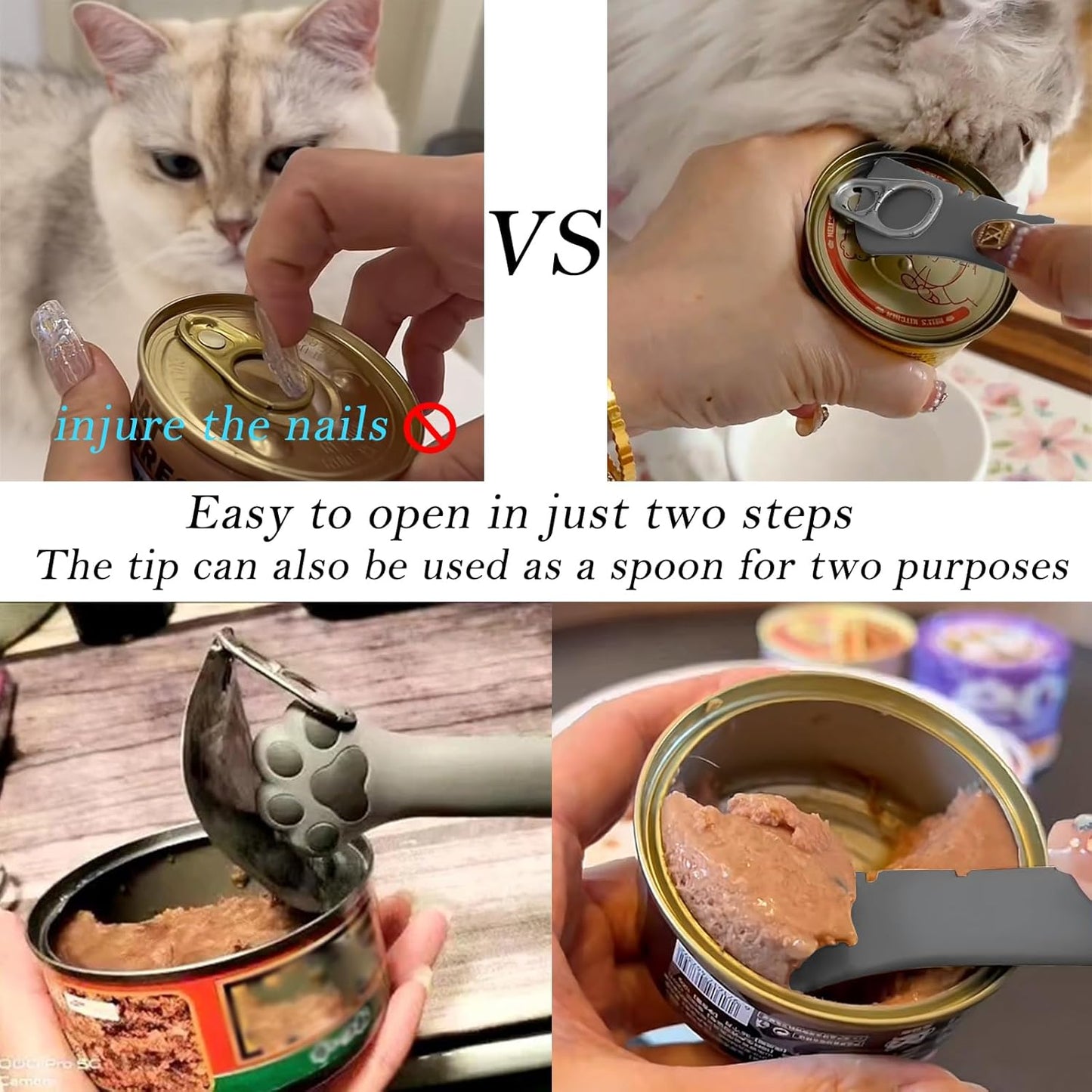 Food Can Spoon & Lids, One Multi-Functional Opener Spatula, 4 PCS BPA Free Silicone Universal Can Covers, Cute Paw Shape Spoon for Cat Dog Wet Food (Grey)