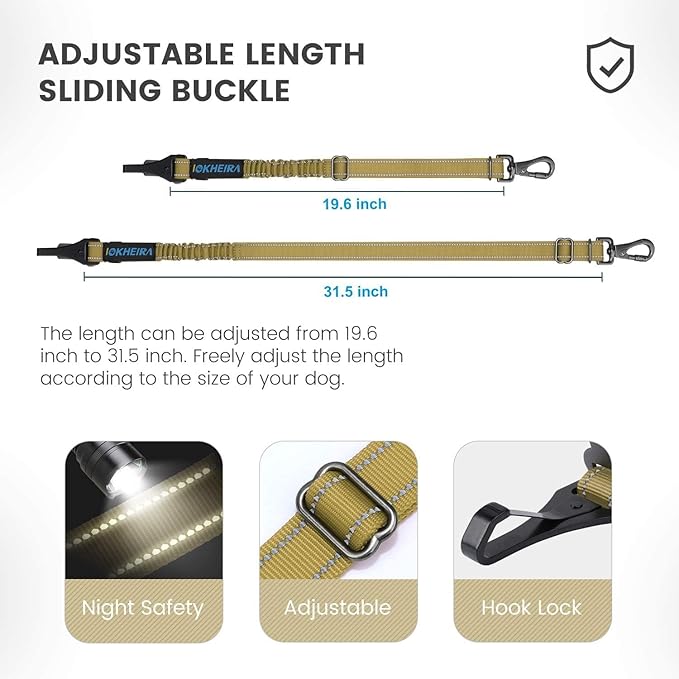 IOKHEIRA Dog Seat Belt 3-in-1 Car Harness for Dogs Adjustable Safety Seatbelt for Car Durable Nylon Reflective Bungee Fabric Tether with Clip Hook Latch & Buckle, Swivel Zinc Alloy Carabiner Green