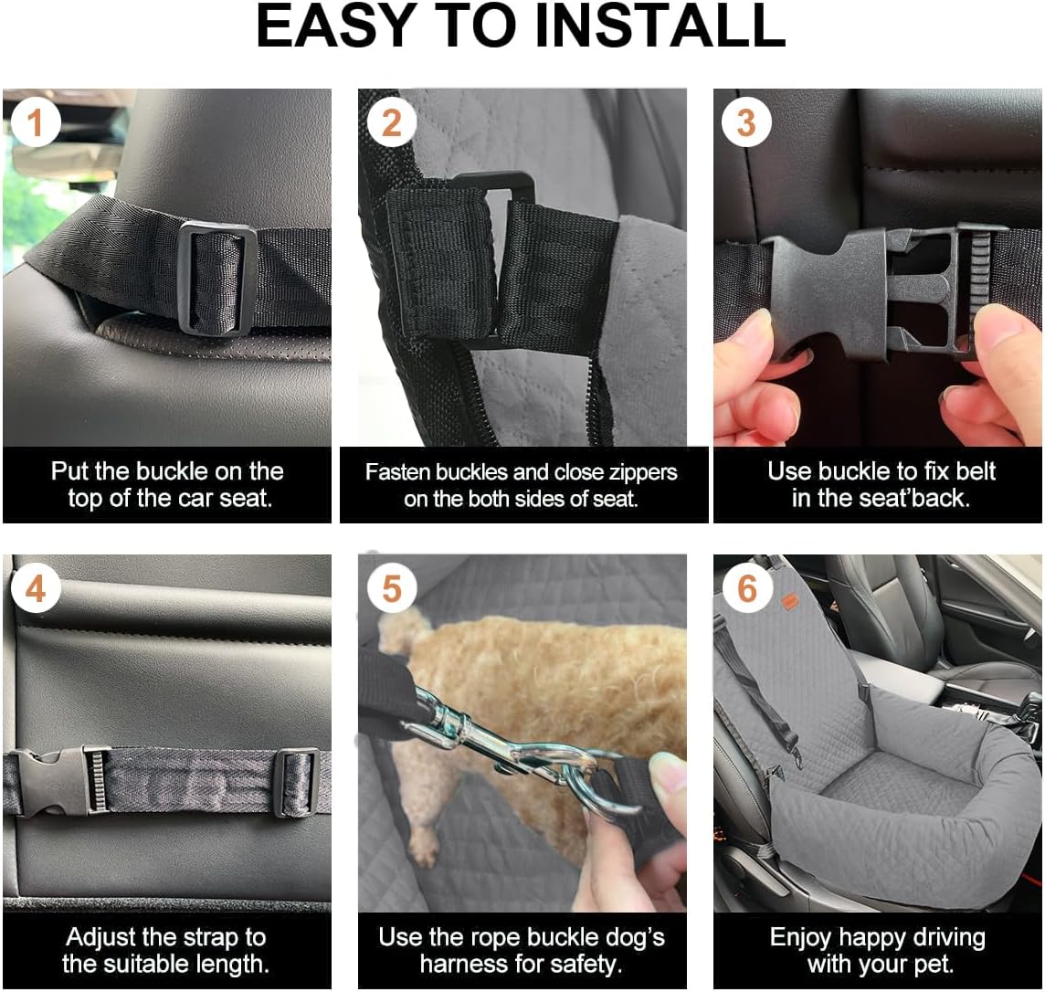 Dog Car Seat for Small Medium Dogs Up to 40lbs, Detachable Washable Soft Pet Booster Travel Bed for Front & Gray Seat with Safety Leash Belt