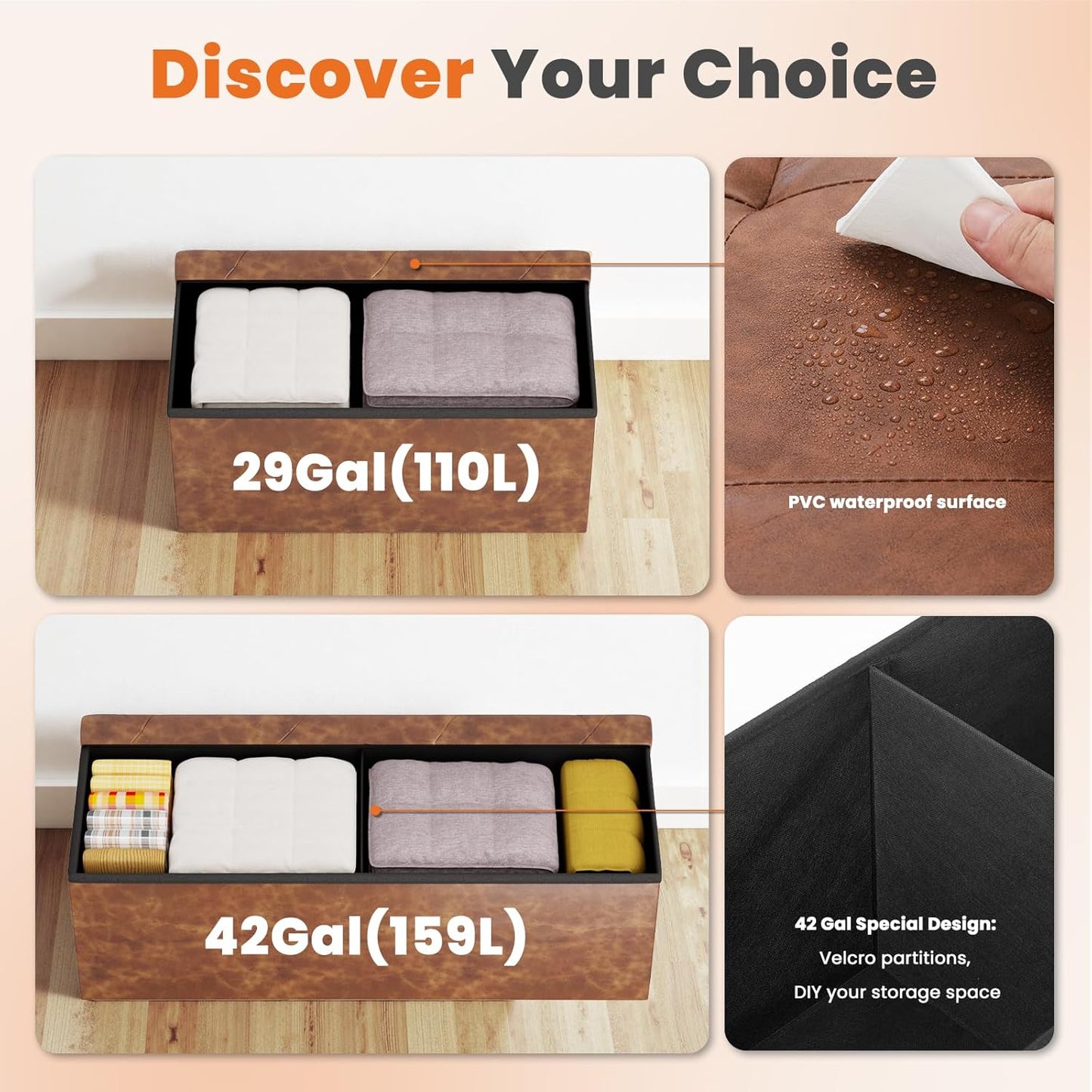 Sweetcrispy 30 Inches Folding Ottoman with Storage Bench, Foot Rest Stool, End of Bed Storage Bench Upholstered, Load 660 lbs, for Living Room, Synthetic Leather, Brown