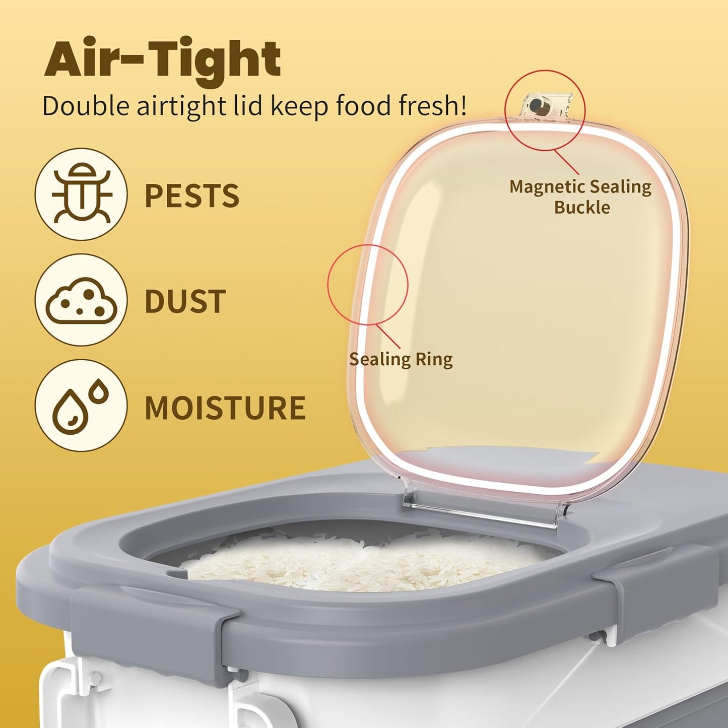 HOYTAMDA 30-40Lbs Rice Container,Collapsible Airtight Food Storage Containers with Wheels,Handle,Rice Storage Container with Small Bin and Scoop,Rice Dispenser for Flour Sugar Cereal Grain Dog Cat