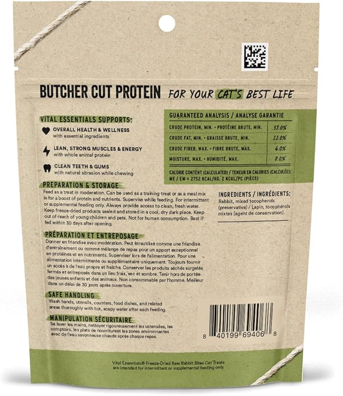 Vital Essentials Rabbit Bites Cat Treats, 0.9 oz | Freeze-Dried Raw | Single Protein | Grain Free, Gluten Free, Filler Free