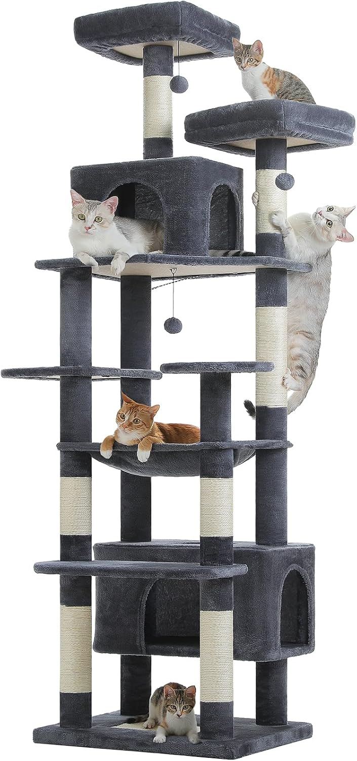PAWZ Road Heavy Duty Cat Tree for Large Cats, 81 Inches Tall Cat Tower with 2 Perches, 2 Condos and Spacious Hammock, XL Extra Large Condo with 7 Scratching Posts for 20lb+ Adult Cats, Dark Gray