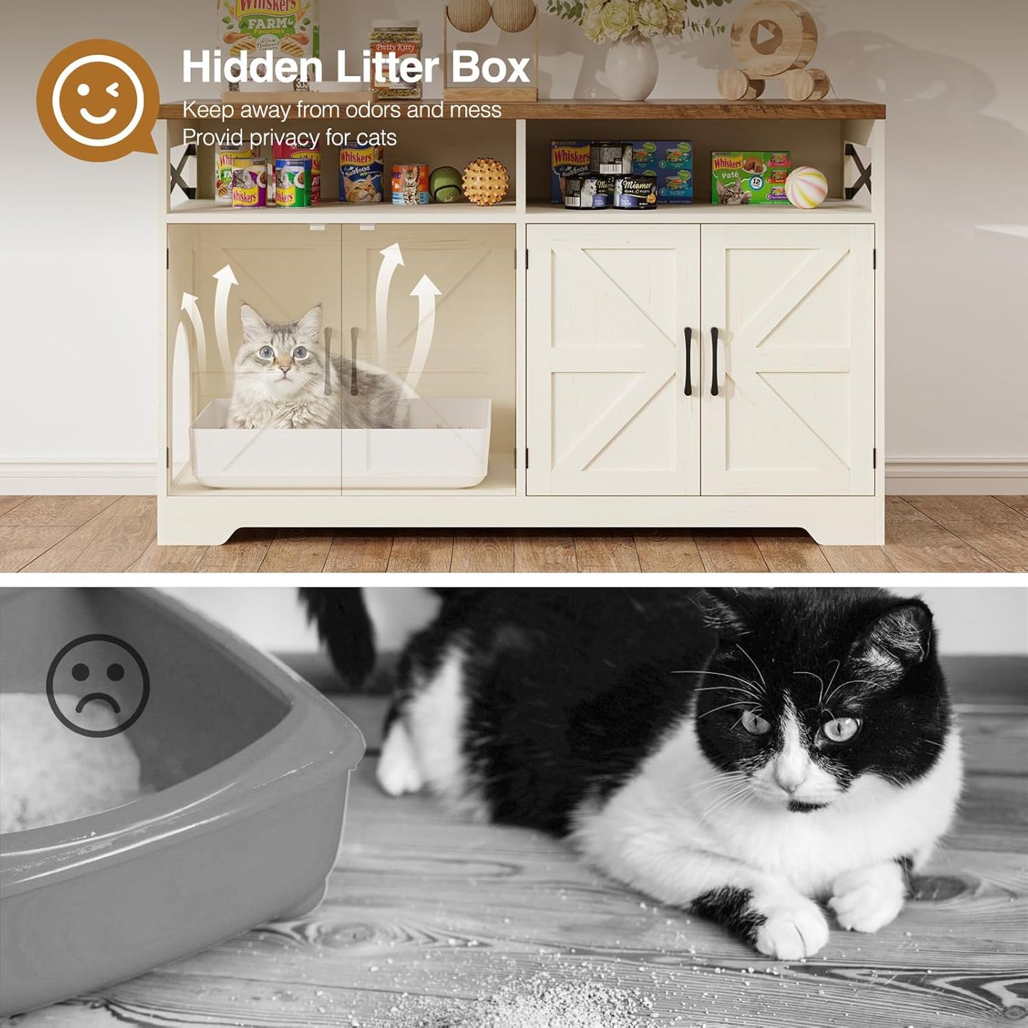 Cat Litter Box Enclosure for 2 Cats, 47" Hidden Litter Box Furniture Cat Washroom with Double Large Room, Farmhouse Indoor Litter Box Cabinet TV Stand, White