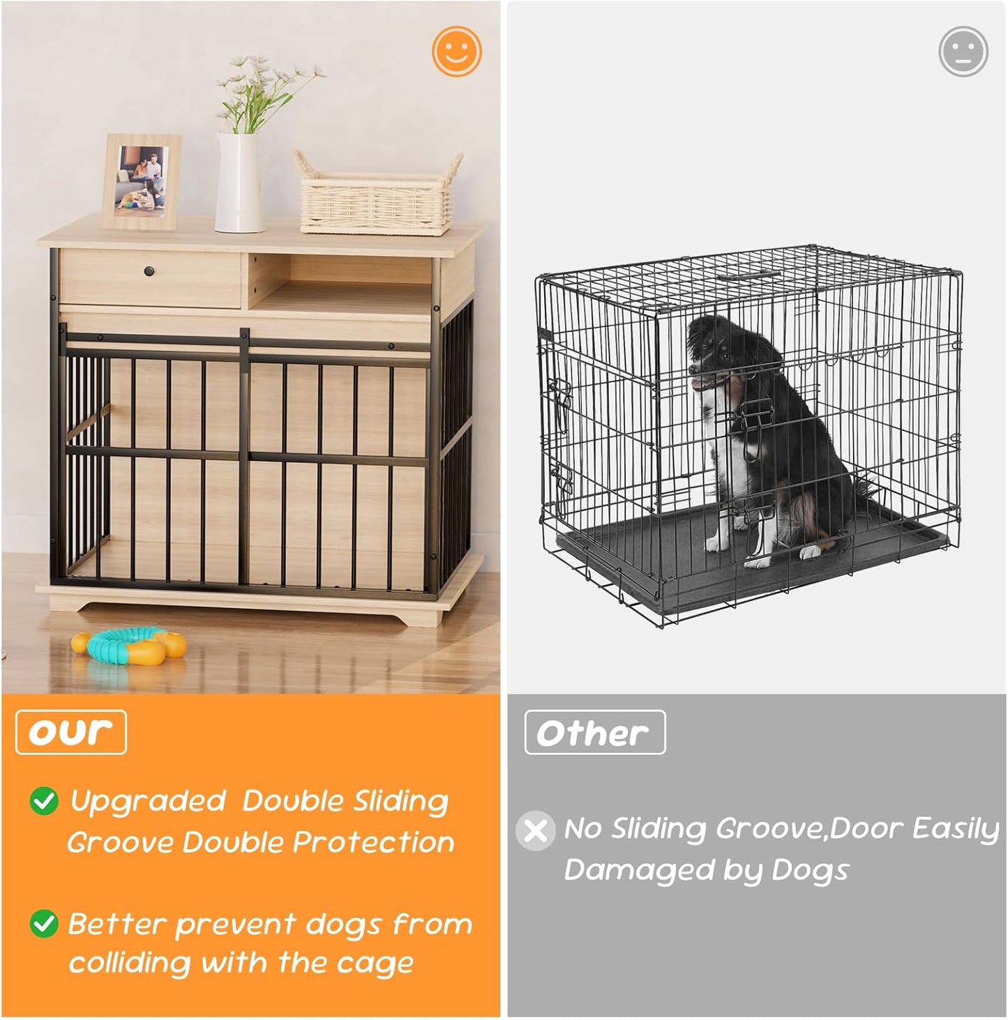 35.5" Dog Crate Furniture, Wooden Dog Crate Furniture for Medium Small Dogs, Wooden Dog Kennel End Table with Drawer and Open Shelves, Sliding Door Dog Kennel Furniture