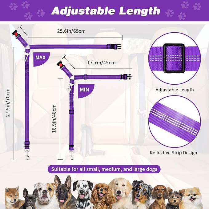 BWOGUE 2 Piece Dog Seat Belt for Car with Elastic Bungee Buffer Safety Seatbelt Car Headrest Restraint Wear Adjustable Metal Buckle Harness in Vehicle Travel for Pet
