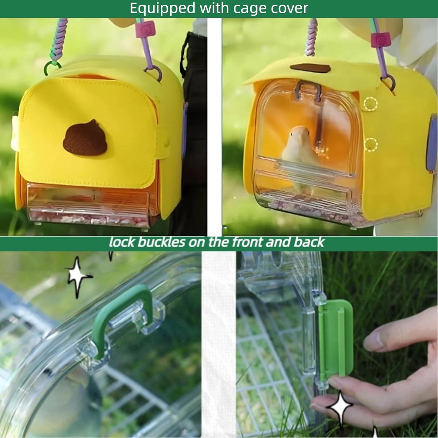 Small Bird Travel Cage Carrier,Portable Plastic Bird Cages,Portable Bird Carrier with Clear Acrylic Design, Travel Cage with Cover, Indoor Outdoor Use (Green)