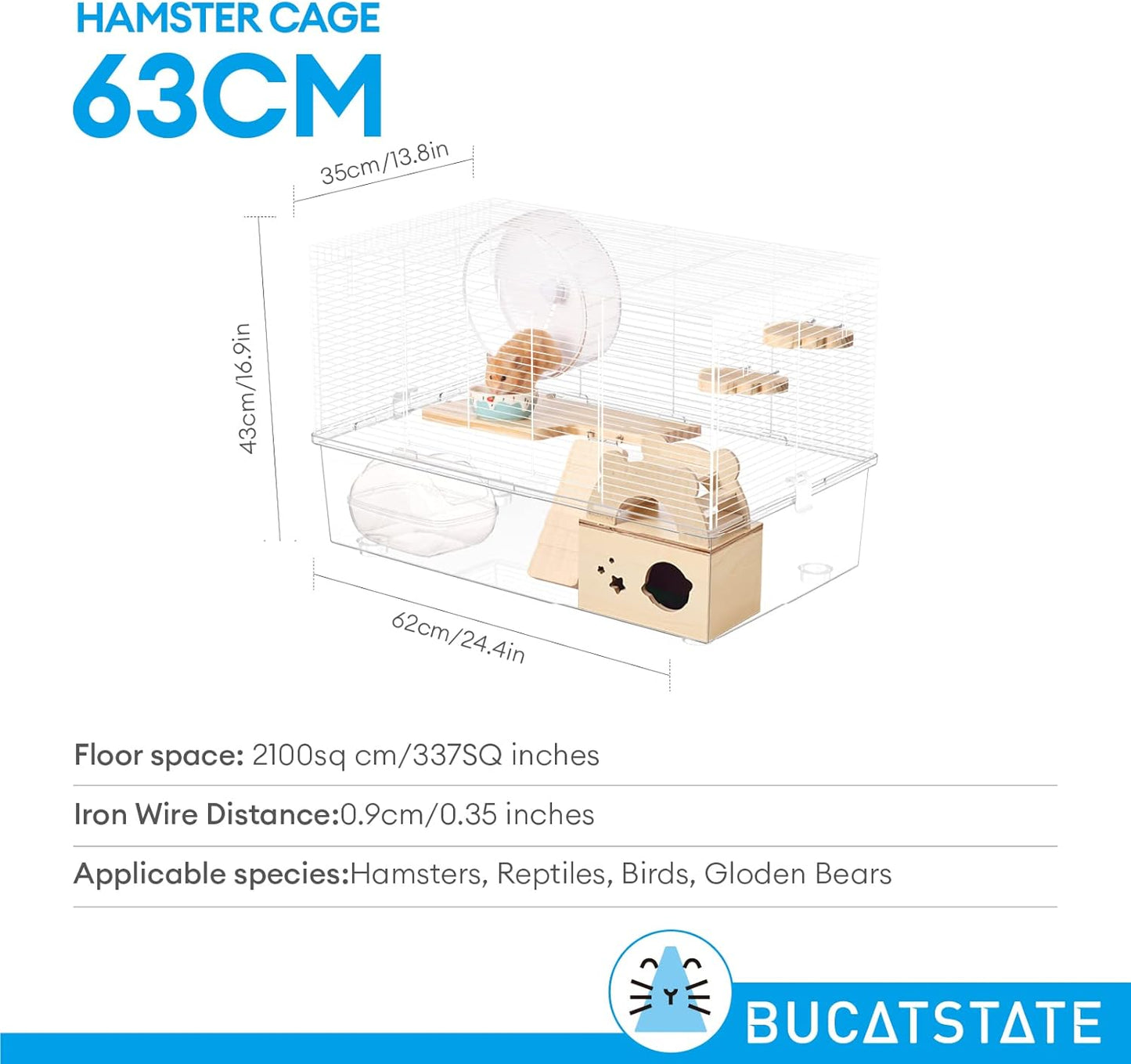BUCATSTATE Hamster Cage 3-Level with Accessories, Includes Free Exercise Wheel, Water Bottle, Food Bowl & Hamster Hideout, Large Hamster Cage for Dwarf Hamster, Mice, Degus (24.4" L*13.7 "W*16.9" H)