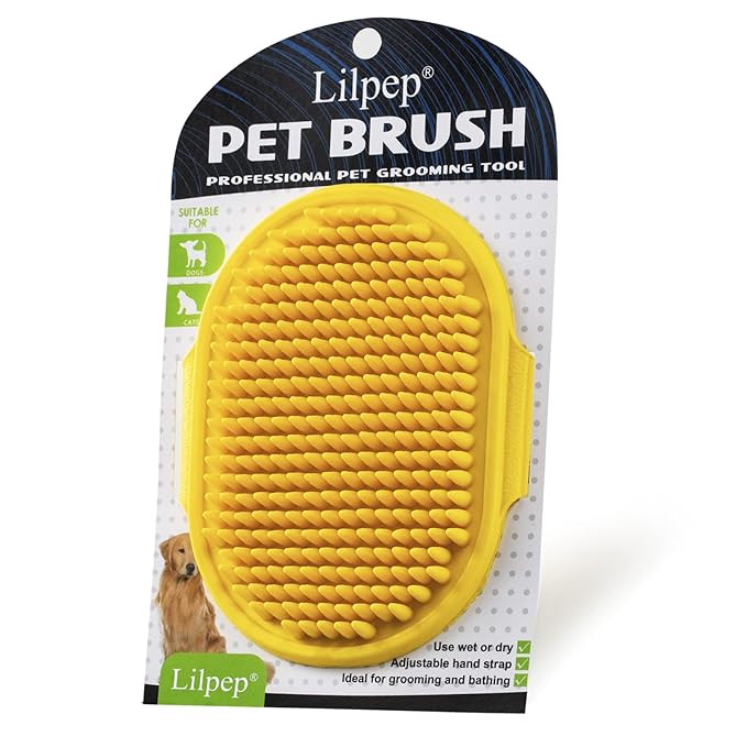Dog Grooming Brush, Lilpep Pet Shampoo Bath Brush Soothing Massage Rubber Comb with Adjustable Ring Handle for Long Short Haired Dogs and Cats (Yellow, pack of 1)