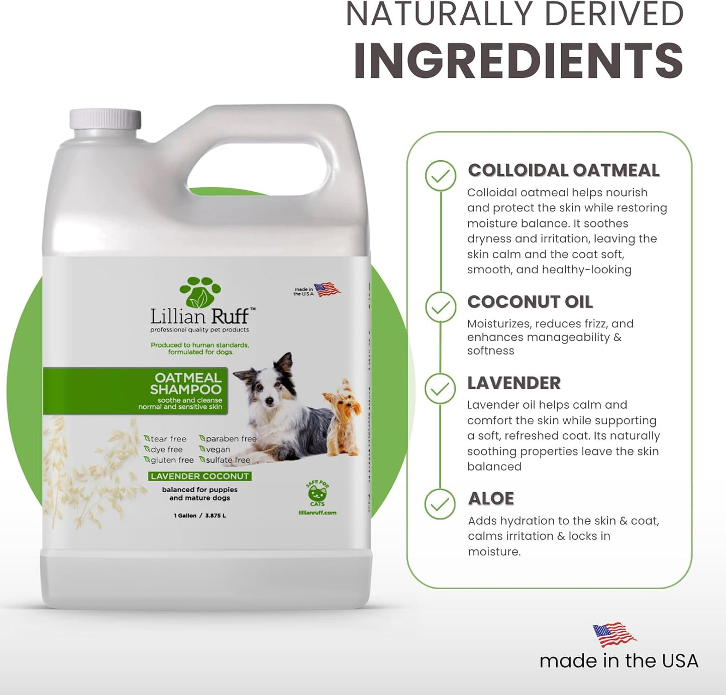 Lillian Ruff PRO Formula Deodorizing Oatmeal Dog Shampoo - Calms Itching & Allergies, Ultra-Nourishing Dry Skin Relief - Oatmeal, Aloe, Coconut Oil, Lavender & Provitamin B5 - Made in USA (Gallon)
