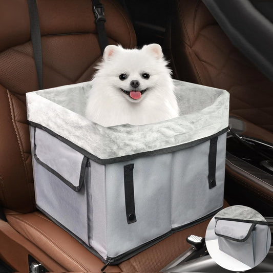 Eunice Small Dog Car Seat, 15.5 in (L) X 14.6 in (W) X 13 in (H) Washable Detachable and Portable Dog Booster Car Seat with Clip-on Safety Leash, Puppy Car Seats Storable Bottom Layer - Up to 25 lbs