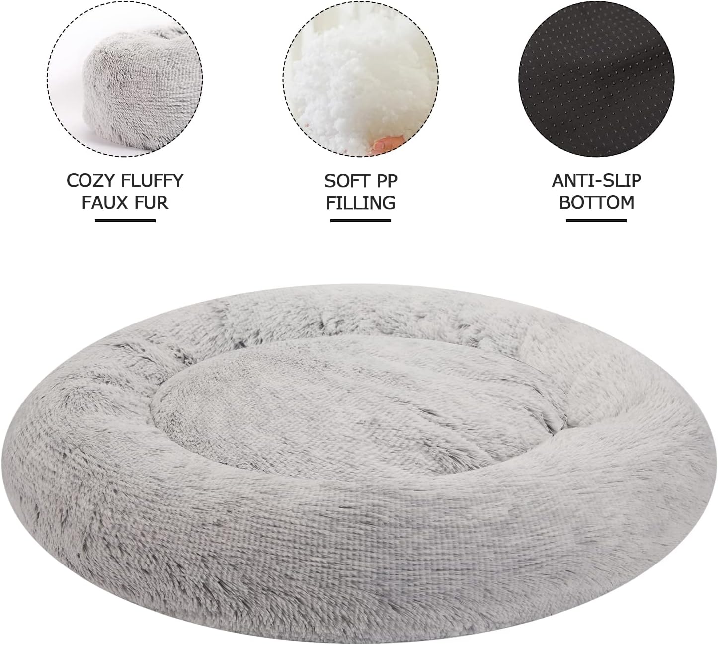 Bedfolks Calming Donut Dog Bed, 23 Inches Round Fluffy Dog Beds for Small Dogs, Machine Washable Anti-Anxiety Plush Puppy Bed（Light Grey, Small）