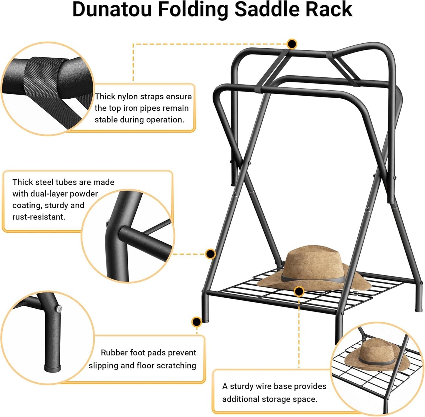Dunatou Saddle Rack Freestanding Saddle Stand Foldable Horse Saddle Storage Rack Full Size Saddle Pad Rack Horse Blanket Holder Heavy Duty Saddle Holder for English and Western Horse Saddles, Black
