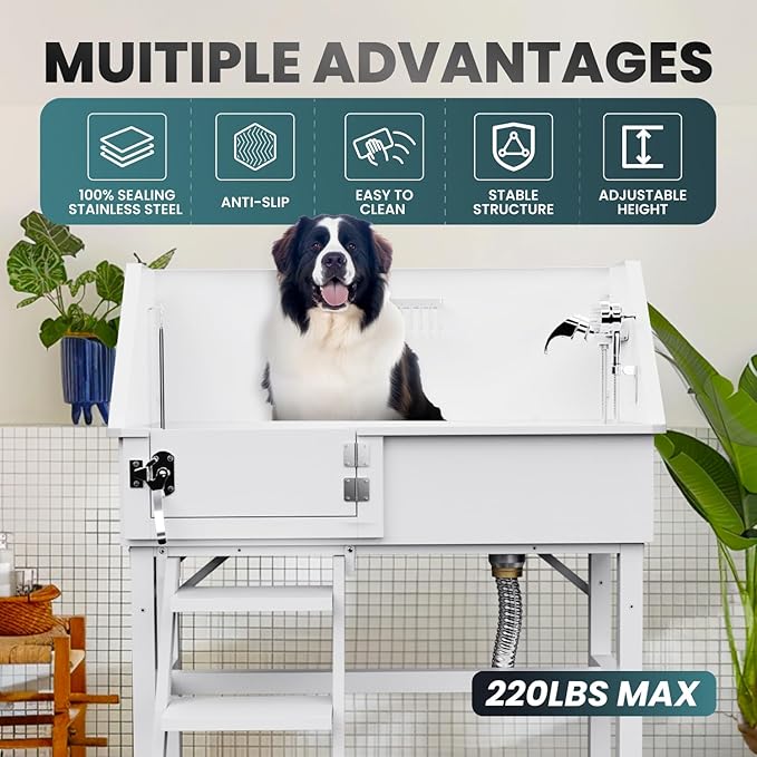 38" Dog Washing Station, Professional Stainless Steel Dog Bathing Station Dog Bathtub for Large & Medium Dog, Height Adjustable Dog Grooming Tub with Storage Basket, Movable Stair (Left Stair)