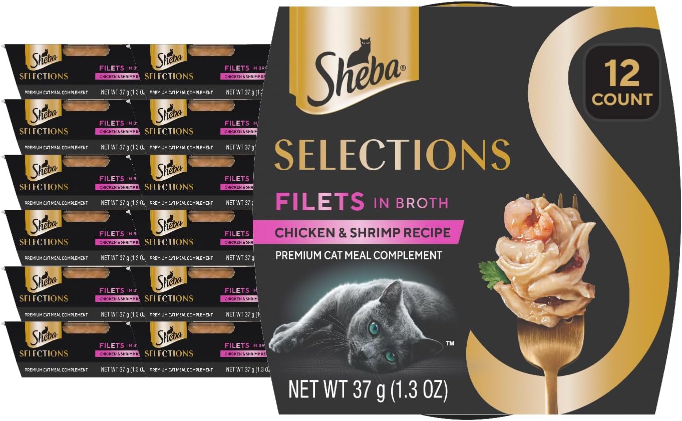 Sheba Selections Filets in Broth Adult Wet Cat Meal Complement Chicken & Shrimp Recipe, 1.3 oz. Cups, 12 Count