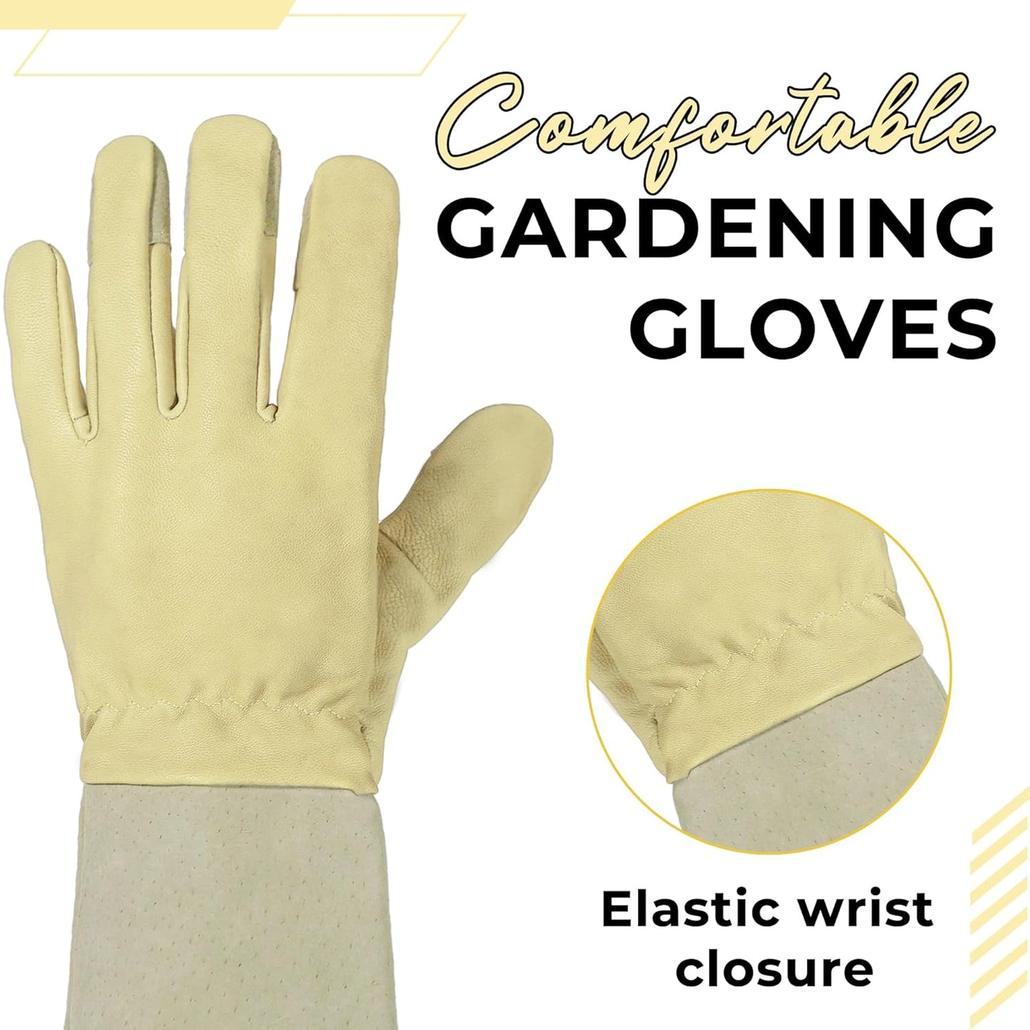 HANDLANDY Rose Pruning Gardening Gloves for Men Women, Thorn Proof Forearm Protection Leather Garden Gloves, Gardening Gifts for Gardeners (Beige- goatskin, Large (Pack of 1))