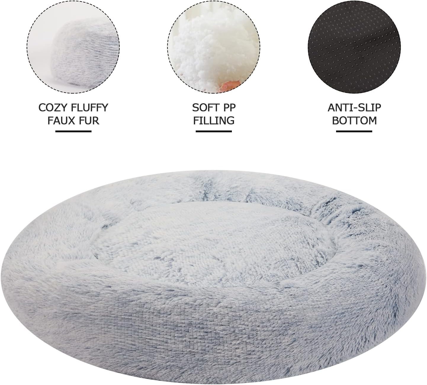 Bedfolks Calming Donut Dog Bed, 23 Inches Round Fluffy Dog Beds for Small Dogs, Machine Washable Anti-Anxiety Plush Puppy Bed（Light Blue, Small）