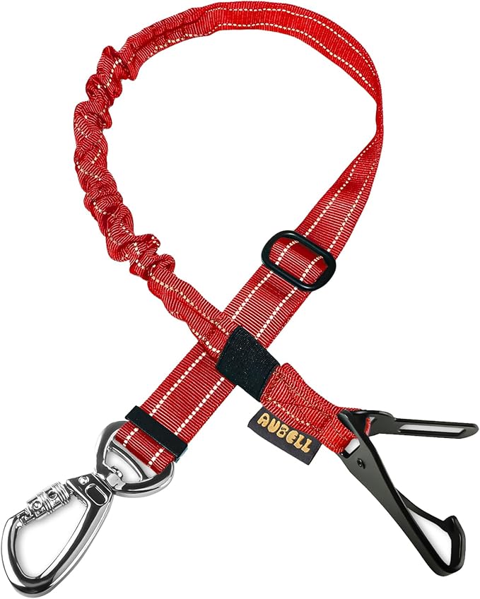 AUBELL Dog Seat Belt for Car,Updated 3-in-1 Adjustable Reflective Bungee Heavy Duty Dog Car Harness Tether with Clip Hook Latch & Buckle,Swivel Zinc Alloy Carabiner,Red