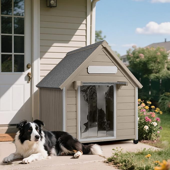 Large Dog House Outdoor Weatherproof, Wooden Dog Kennel Shelter with Anti-Chewing Iron Frame, Removable Floor for Medium to Large Dogs, Easy Clean and Assemble (30.5" L*37.4" W*39.3" H)
