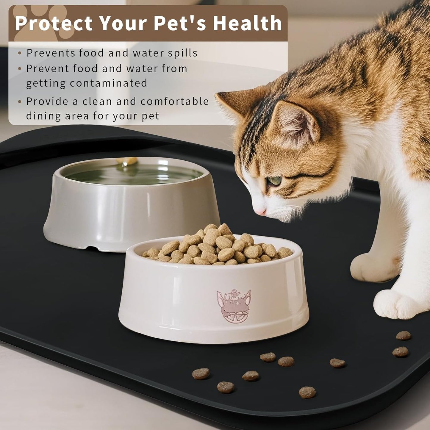Silicone Pet Feeding Mat with Raised Edge & Residue Collection Pocket for Food and Water, Dog Bowl Mats, Cat Bowls Placemat with High Lip for Floor Waterproof, 19 x 12 x 0.7 Black