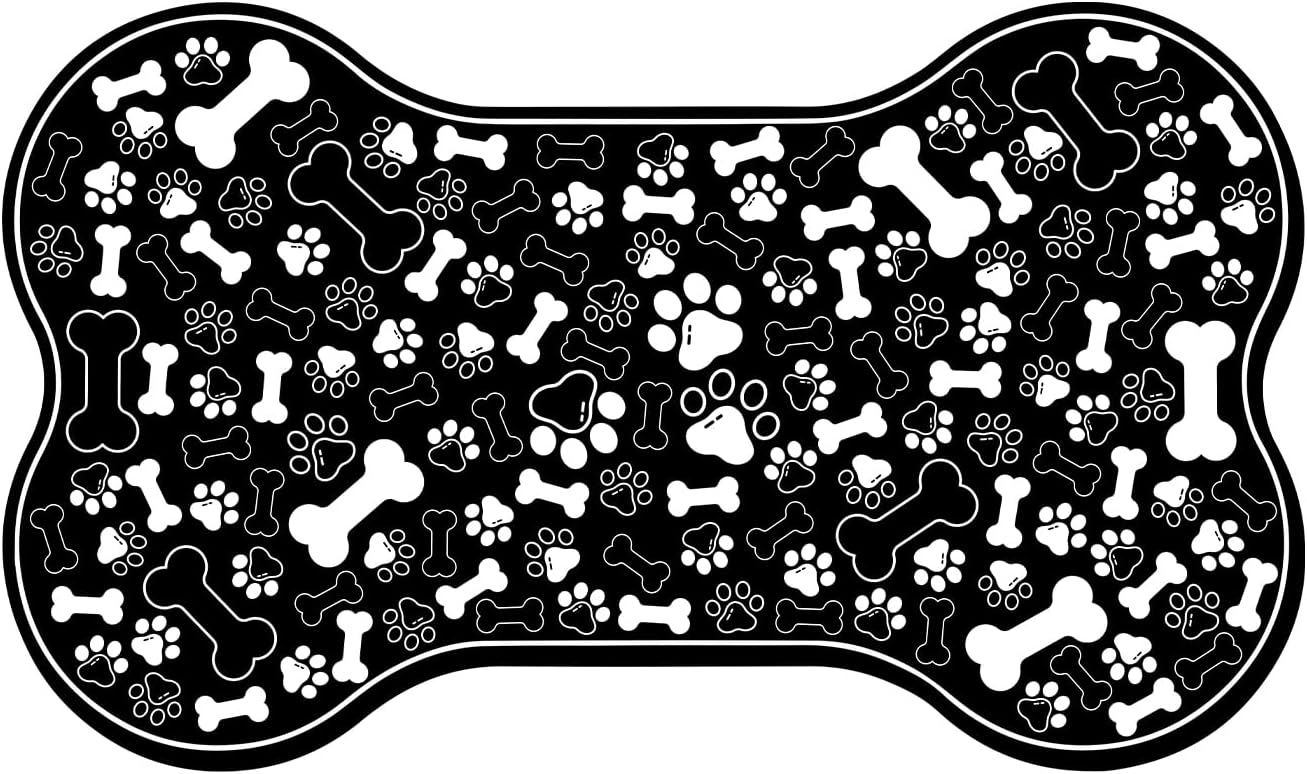Dog & Cat Food Mat Bone Shaped Pet Feeding Mat Quick Absorb Water Bowl Placemat with Rubber Backing Indoor Floor Stain Resistant Pet Accessory Supplies (Black, 17x29 Inches)