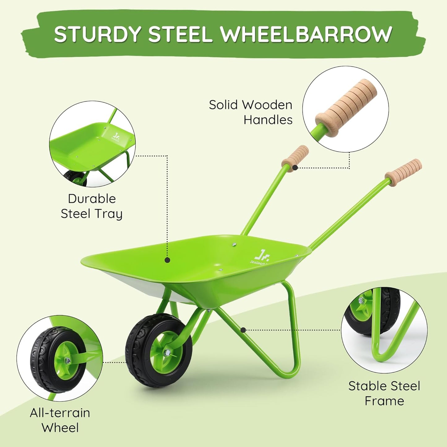 SainSmart Jr. Kids Gardening Set with Wheelbarrow - 7 Pcs Kids Rake and Shovel Set, Outdoor Toys for All Seasons - Plant, Sweep Leaves, Shovel Sand or Snow, for Boys and Girls