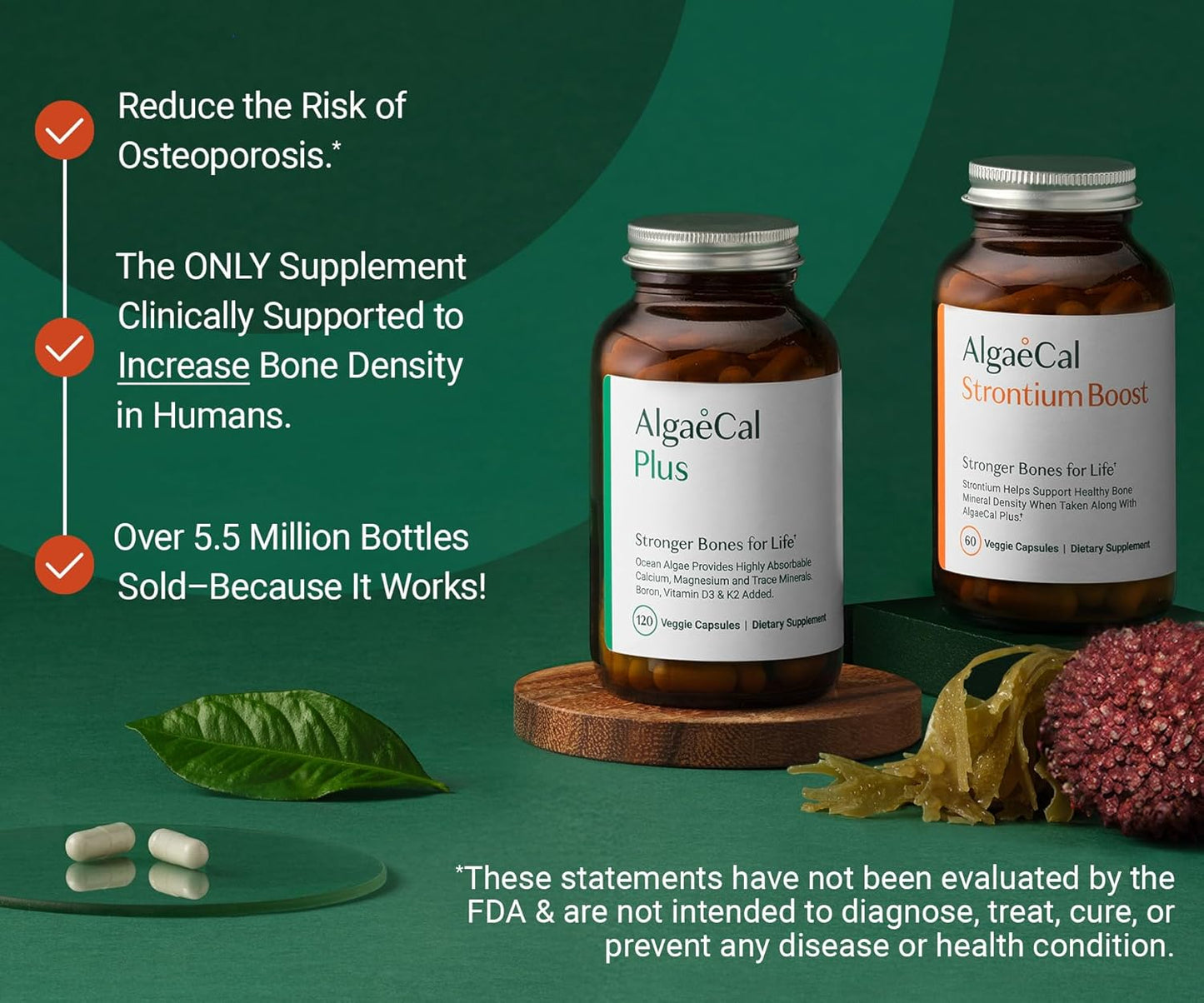 ALGAECAL - Bone Builder Pack for Bone Density, Clinically Supported Plant Based Calcium Supplements & Strontium, Vitamins K2, D3, Magnesium & 16 Minerals, 3-Month Supply, Made in USA