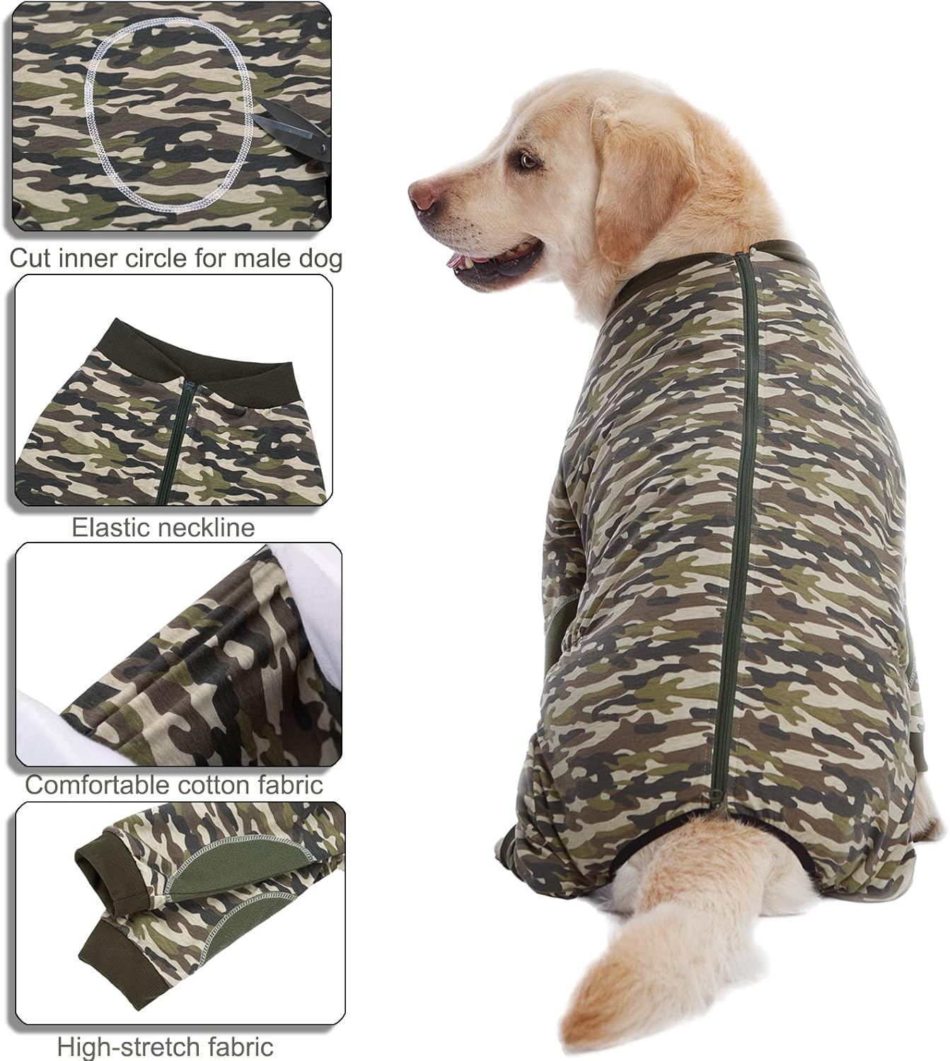 Yeapeeto Dog Onesie Surgery Recovery Suit for Large Medium Bodysuit Dogs Pajamas PJS Full Body for Shedding, Prevent Licking, Wound Protection, Cone Alternative (2XL, Camo)