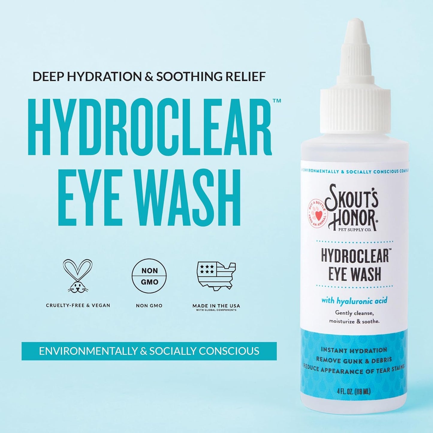 SKOUT'S HONOR HydroClear Eye Wash with Hyaluronic Acid, 4oz Bottle - Non-Medicated, Daily Eye Care for Dogs & Cats, 2-Pack