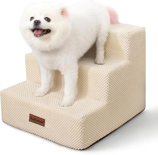 Dog Stairs for Small Dogs & Cats, 3-Step Non-Slip Pet Steps for Couch Sofa and Chair, Beige, 13.6" H