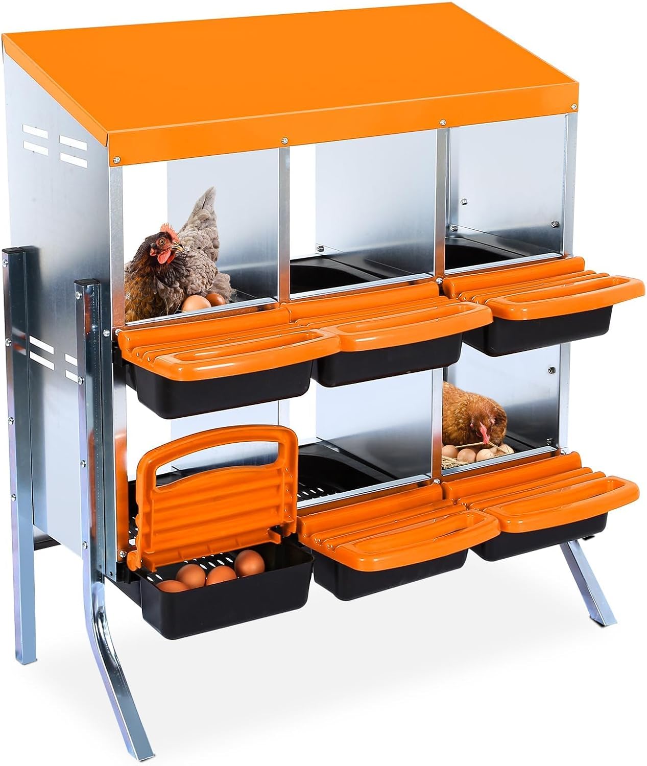 Chicken Nesting Boxes, 6 Hole Metal Chicken Laying Box with with Removable Trays and Roll Out Egg Collection for Chicken Coop, with Metal Bracket, Orange
