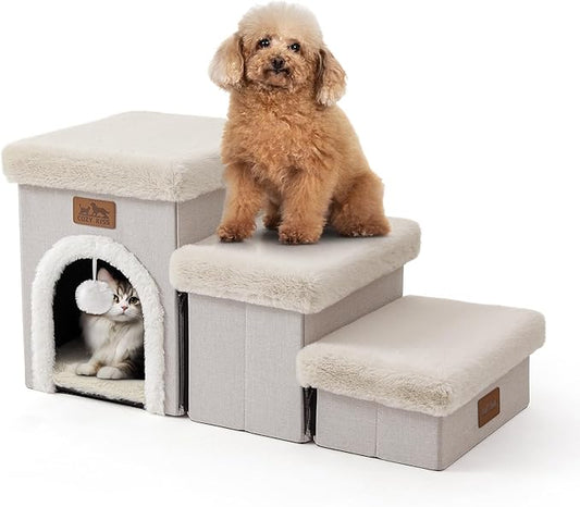 Dog Stairs for Small Dogs with Storage and Condo, 14" H Foldable Pet Stairs for Small Medium or Puppy Dogs and Older Cats, Dog Steps for Bed or Couch, 13x27x14 inch, 3 Tiers, Beige