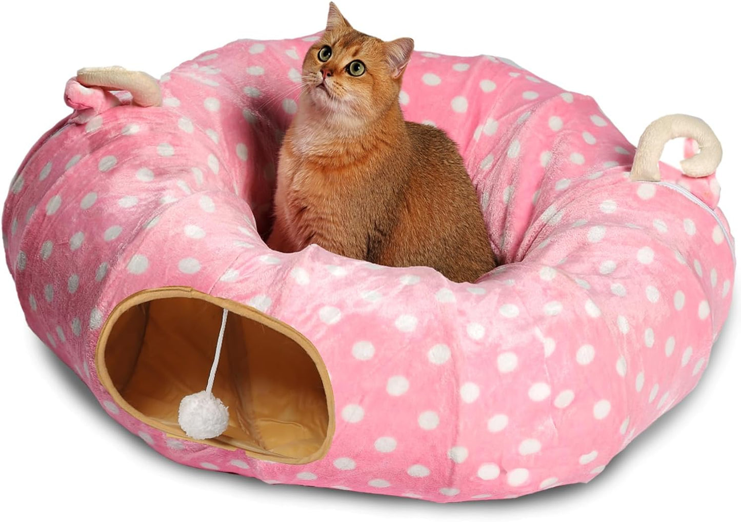 AUOON Cute Cat Donut Tunnel - Round Cat Tunnel Bed with Washable Cushion Interactive Cat Toy for Indoor Cats Kitten Kitty Puppy Rabbit Ferret (Pink)