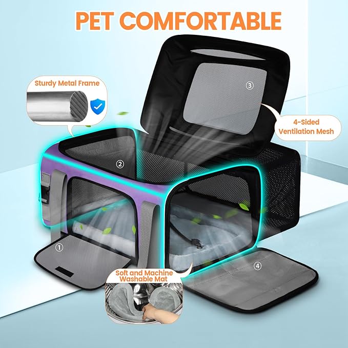 Petskd Top and Side Expandable Pet Carrier 19x13x9 Inches Southwest Allegiant Airlines Approved, Soft-Sided Carrier for Small Dog Under 12 lbs and Large Cat Under 15 lbs(Purple)