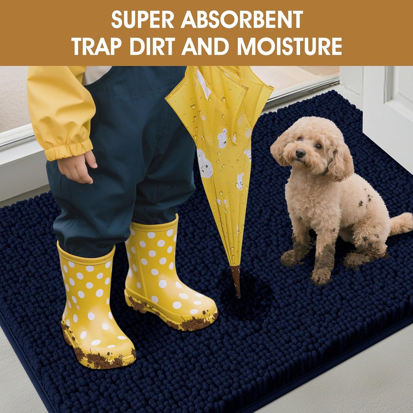 Extra Large Dog Door Mats for Muddy Paws, Chenille Absorbent Dog Mats, Non Slip Heavy Mud Mat for Dogs, Soft Pet Mat for Entryway, Mud Paws, Inside Floor,60" x 36", Navy Blue