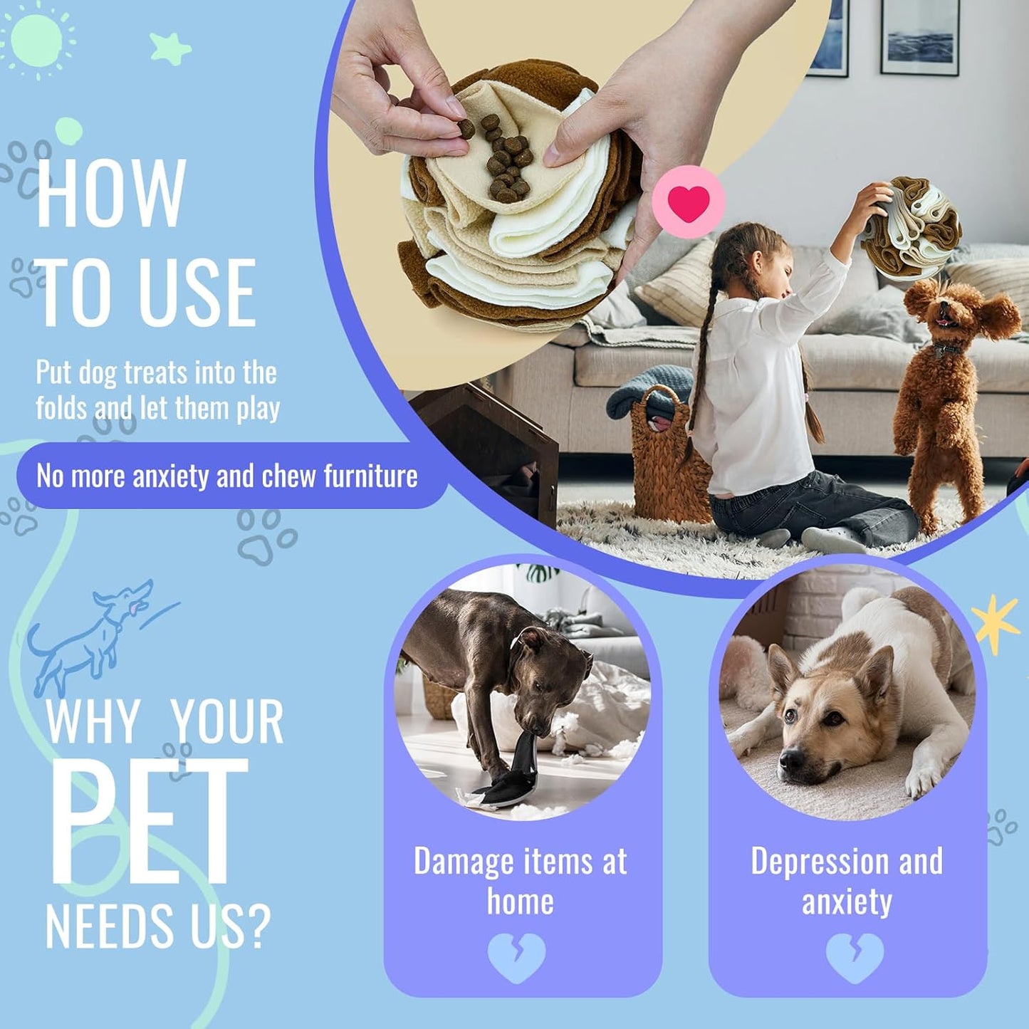 Pet Snuffle Ball, Puzzle Sniffing Interactive Dog Ball for Blind Dogs Training Stress Relief Dog Enrichment Toys Treat Machine Washable (Milk Tea Brown, 10cm)