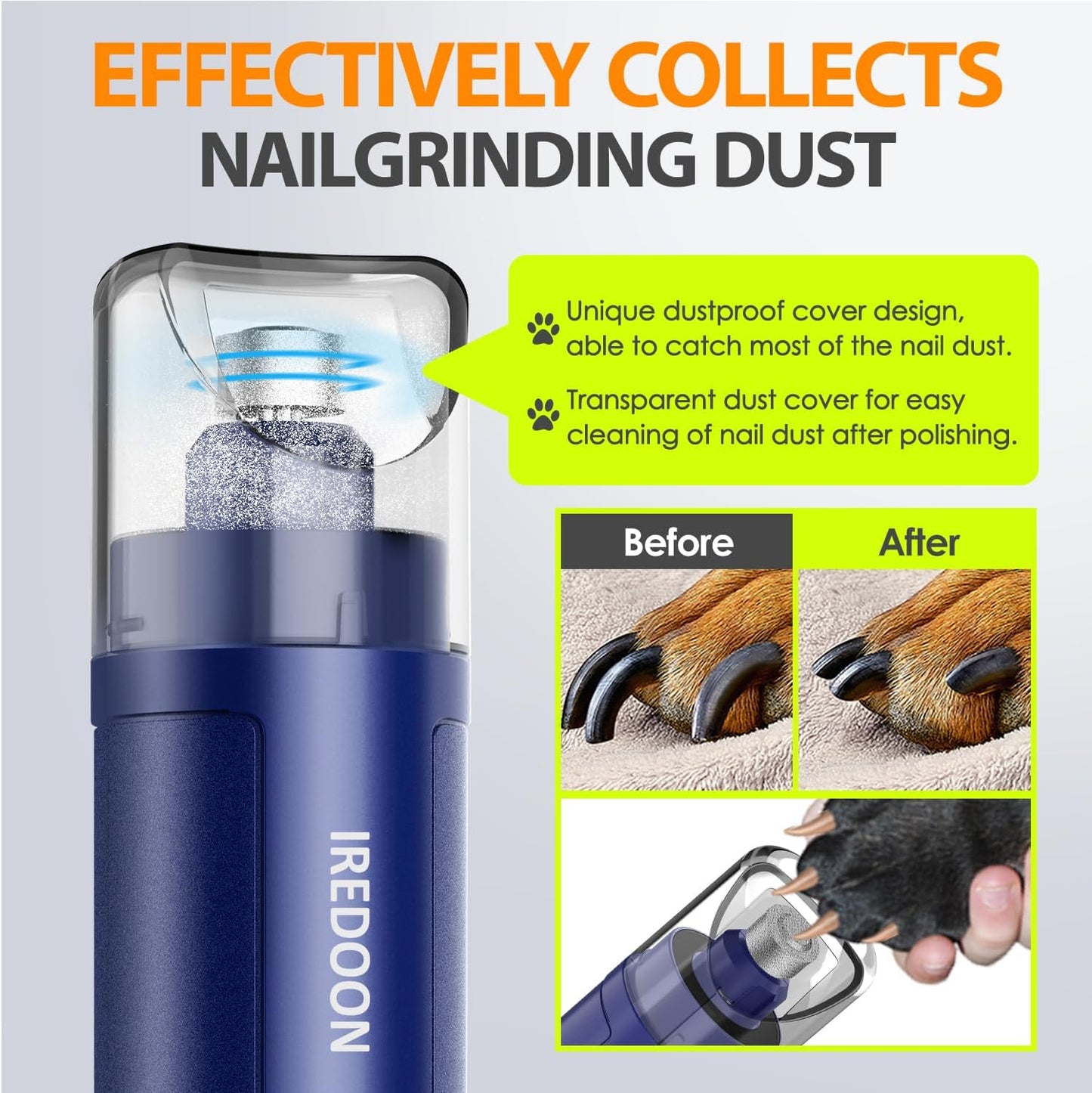 Dog Nail Grinder Upgraded - Professional 3-Speed Super Quiet and Low Vibration Electric Pet Nail Grinder with 4 LED Lights - Painless Paws Grooming & Smoothing for Small to Large Dogs (Blue)