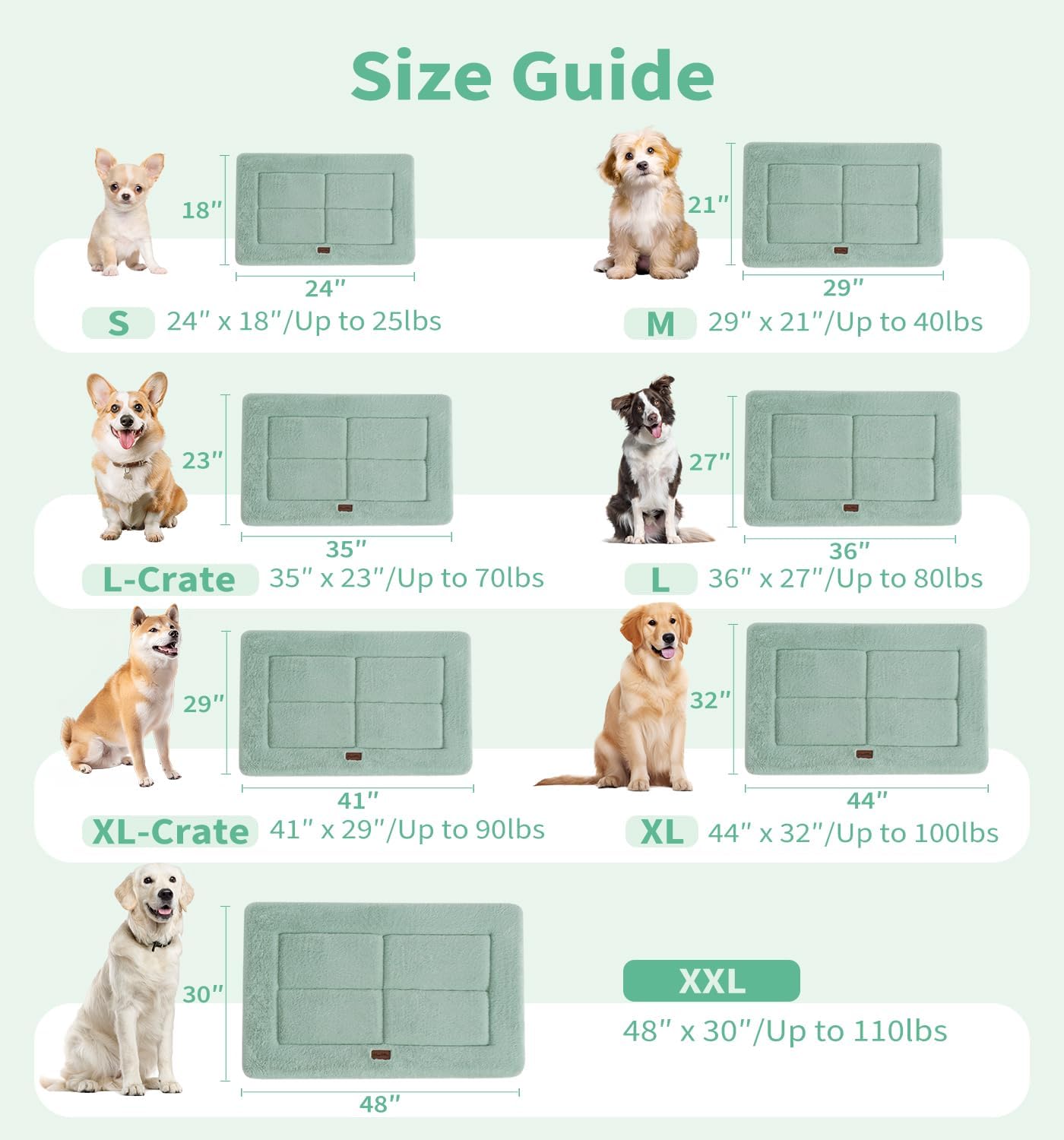Made4Pets Dog Crate Pad Bed for Medium Large Dogs, Washable & Reversible, Anti-Slip Kennel Mat for Cozy Sleeping, Soft Fluffy Dog Bed for Indoor & Outdoor Use, 35"x23", Green