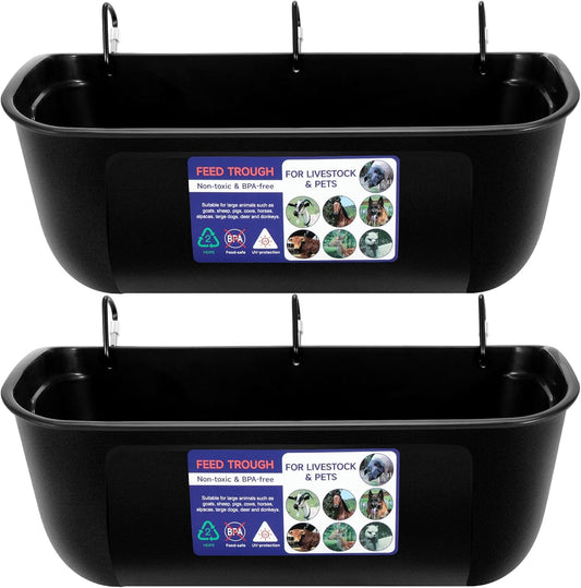 Goovilla Large Feed Trough, Hanging or Screw-in Fence Feeder with Clips, 2 Pack 9 Quart Goat Feeder Supplies, Dog Horse Hog Pig Livestock Poultry Plastic Feeder Trough Bucket for Large Animal, Black