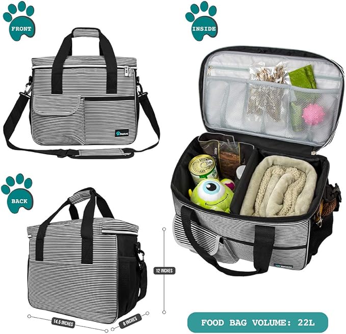 PetAmi Dog Travel Bag - Travel Pet Organizer with Food Container and Bowls, Perfect for Weekend Camping, Cat Diaper Bag (Stripe Black, Medium)