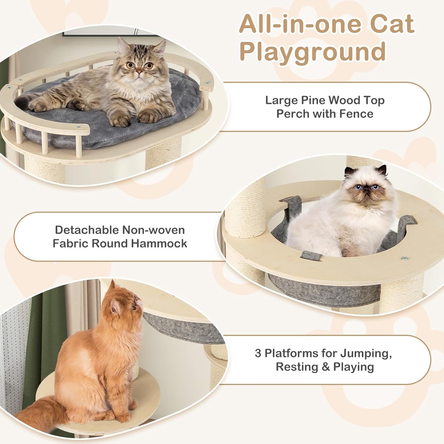 Tangkula Wood Cat Tree, 59 Inch Multi-Level Cat Tower with Top Padded Perch, Hammock, 3 Platforms & Sisal Scratching Posts, Large Modern Cat Tree Tower for Indoor Cats Kittens (59 Inch)