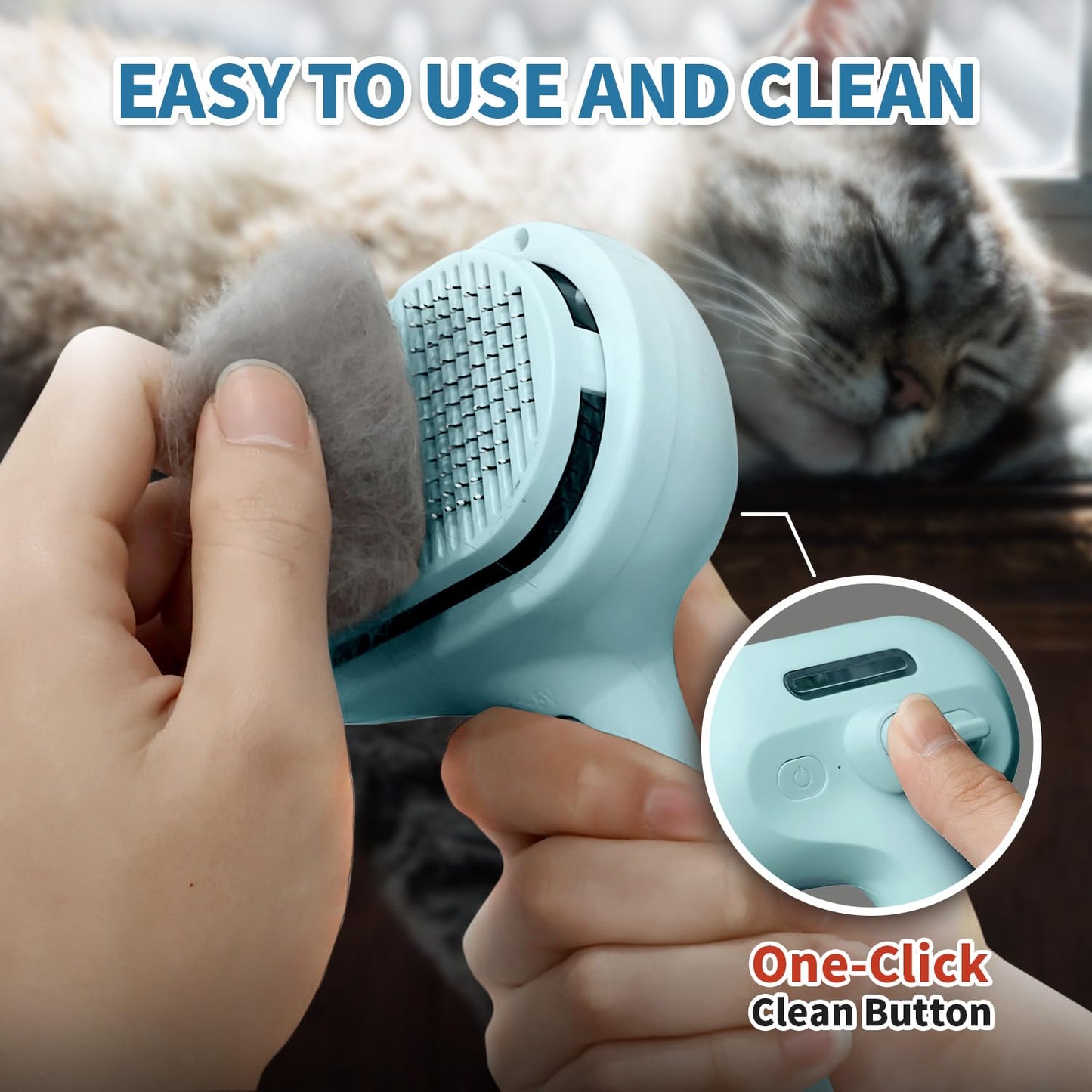 Spray Cat Brush for Shedding, Static & Tangled Hair - Self Cleaning, Long & Short Hair Pets Grooming Brush (Blue)