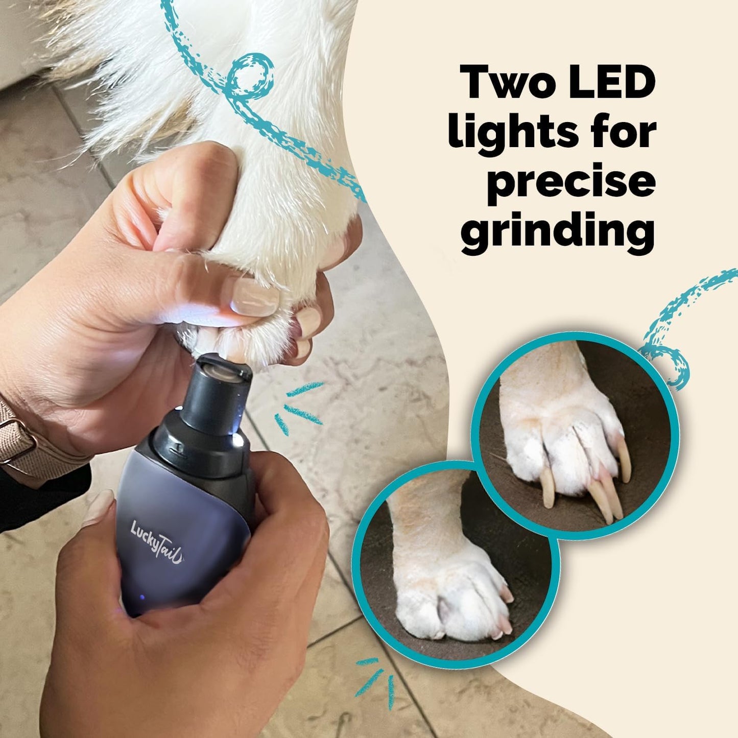 LuckyTail Pet Nail Grinder for Dogs and Cats - Super Quiet and Low Vibration Electric Dog Nail Grinder with 2 LED Lights - USB Rechargeable and Cordless - 2 Speeds - Small to Large Pets - Dark Blue