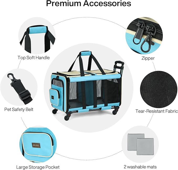 MILADA Large Cat Carrier for 2 Cats, Soft Big Pet Carrier with Wheels, Double Cat Carrier on Wheels, Rolling Pet Carrier for Travel Hiking Shopping and Camping（Not for Air Travel）, Blue